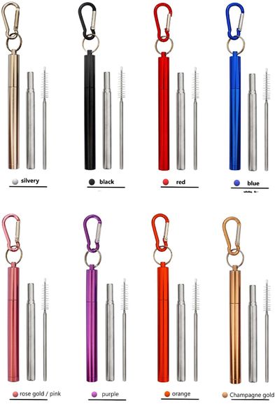 

reusable collapsible straws, telescopic stainless steel drinking straw with metal case+cleaning brush+carabiner hook dhl 6699
