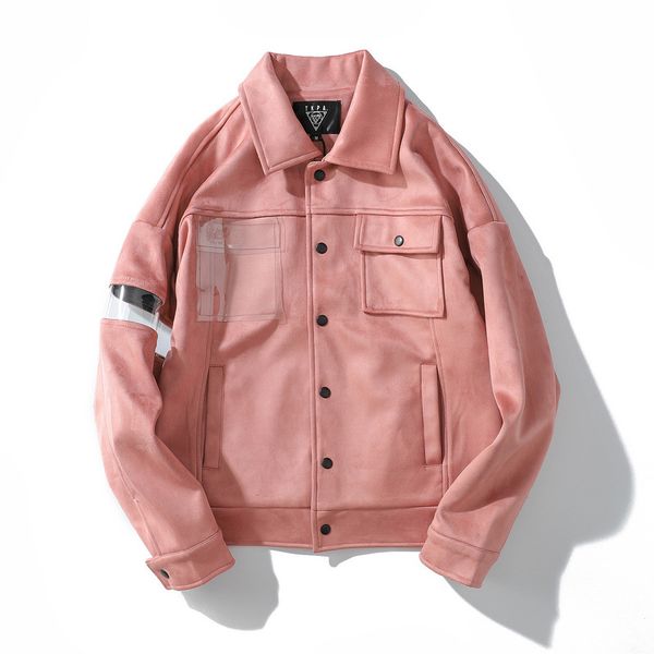 

high street ins style with the style stitching transparent pocket men and women couple jacket loose suede jacket male, Black;brown