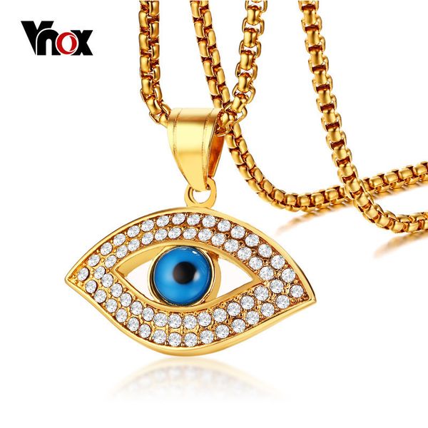 

vnox trendy gold color aaa cz stone necklaces for women men luxury jewelry stainless steel blue eye pendant necklace 24" chain, Silver