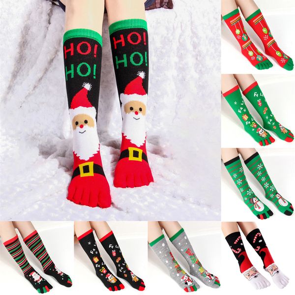 

8 styles christmas stockings winter long sweat absorbent warm toe socks christmas print toe sock five finger cottoon sock wholesale ajy800, Pink;yellow