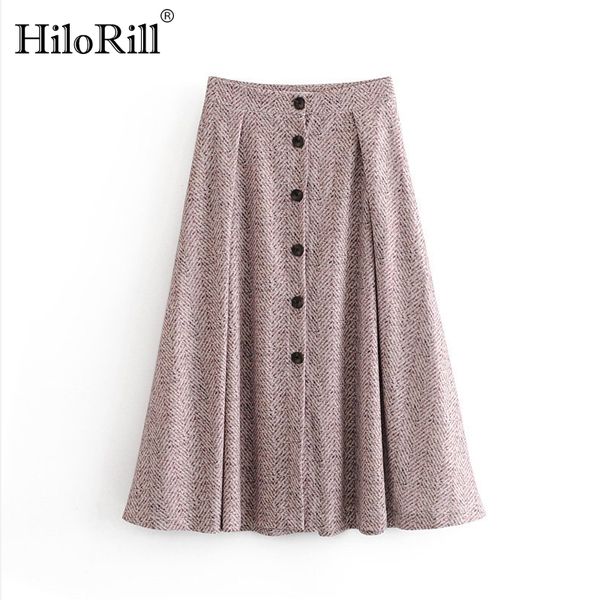 

autumn casual print skirt women high waist buttons fashion bottoms mid calf length pleated plus size ladies skirts jupe femme, Black