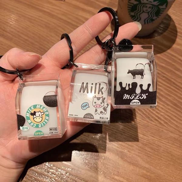 

creative dairy cow milk drinks acrylic keychain fruit milk moving liquid keyrings drift bottle jewelry kids keychains, Silver