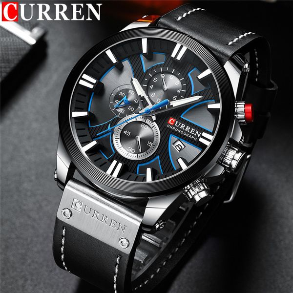 

curren man wristwatch chronograph calendar sport men watch army blue genuine leather male clock 8346, Slivery;brown