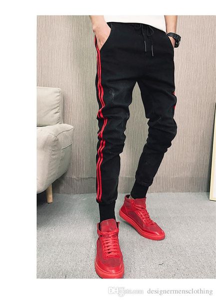

spring autumn designer disterressed jeans men skinny elastic waist pencil pants teenager hiphop street jeans, Blue