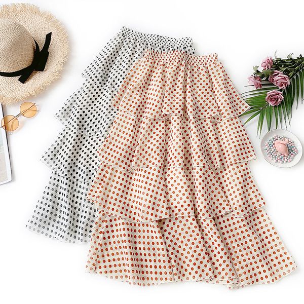 

2019 new fashion spring summer women's high waist sweet polka dot skirt all-match students casual chiffon long cake skirts, Black