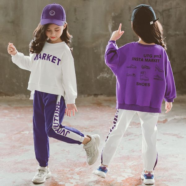 

children's sports suit white/purple letters pullover sweatshirt+trousers teenage girls clothes set casual 9 10 11 12 13 years
