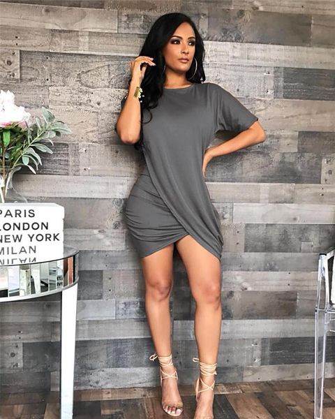

designer night club womens dresses summer irregular fold design bodycon above knee clothing crew neck apparel, Black;gray