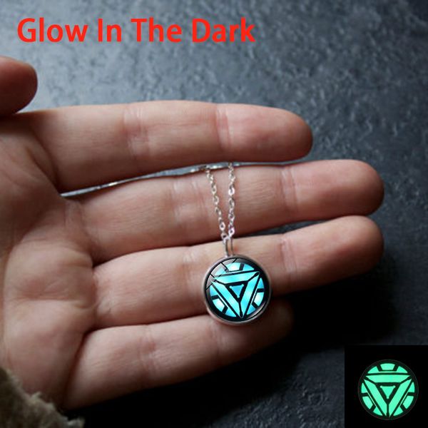 

xushui xj glow in the dark iron man arc reactor glass cabochon pendant necklace silver plated jewelry luminous necklace women