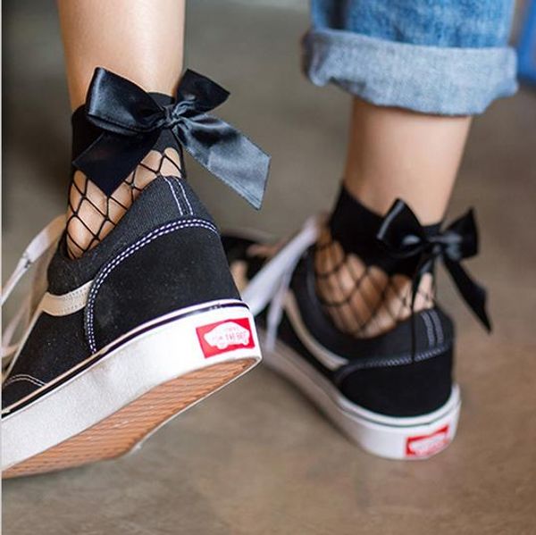 

bkld summer 2019 new fashion women socks white fishnet transparent socks harajuku streetwear hipster mesh sheer with bow, Black;white