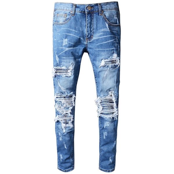 

new men's blue pleated patchwork hole ripped biker jeans elastic motorcycle casual slim skinny distressed stretch denim pants