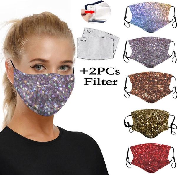 Modische 3D-Druck-Pailletten-Schutzmaske, PM2,5, staubdichte Mundmasken, waschbar, wiederverwendbar, Damen-Gesichtsmaske mit 2 Filtern