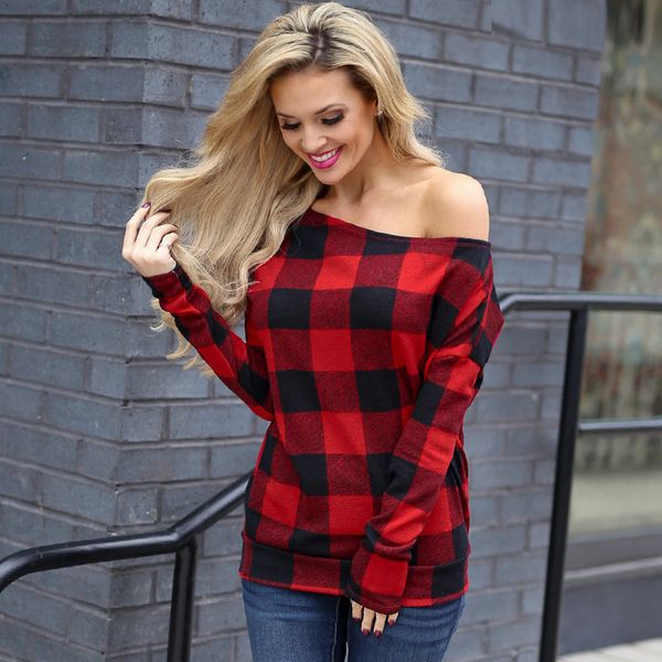 

buffalo plaid t-shirts red check oblique collar shirts women long sleeve casual tees grid blouses blusas pullover ljja3557, White