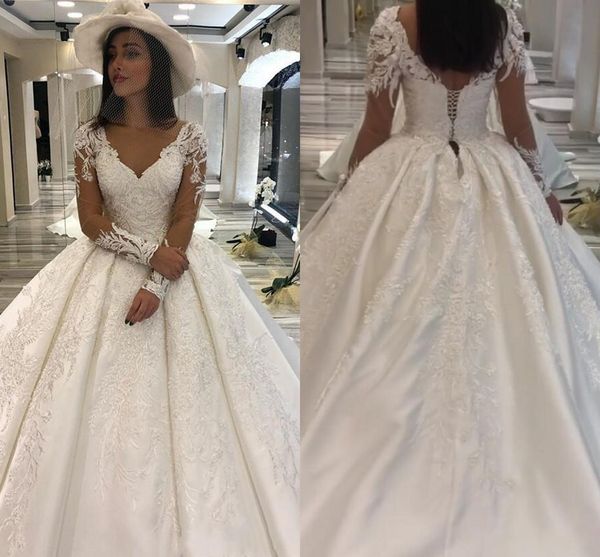 

vestidos de novia long ball gown wedding dresses 2020 deep v neck sheer long sleeves appliqued lace arabic bridal gowns plus size al4038, White