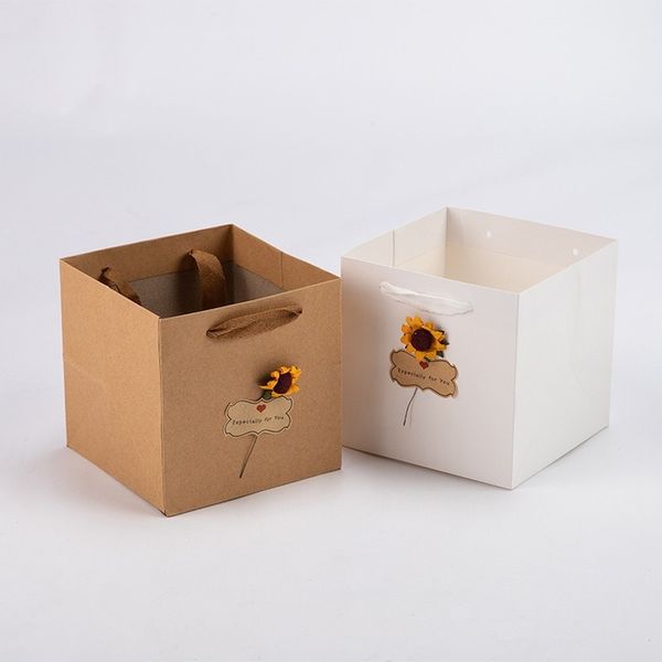 

square retro white cardboard gift bag kraft paper flowers and plants packing bag wide bottom cake take-out paper