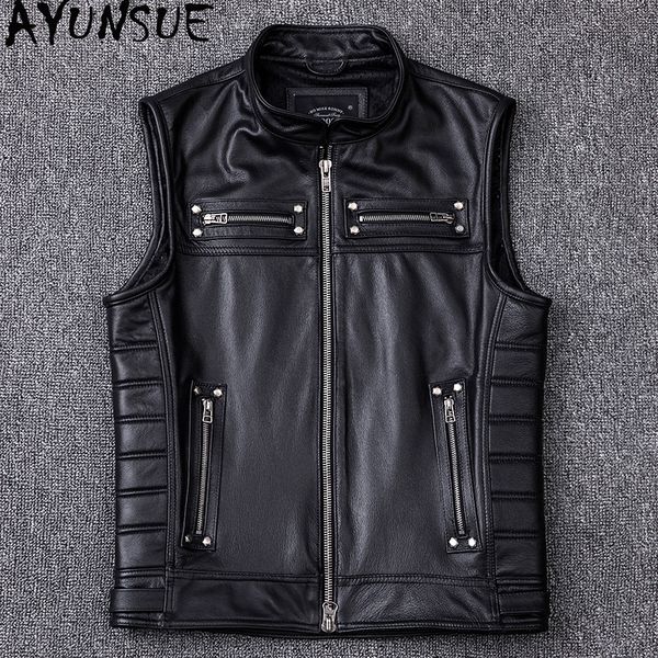 

ayunsue 2019 new genuine leather jacket men real cowhide leather coat vest mens vests vintage sleeveless jackets kj2706, Black