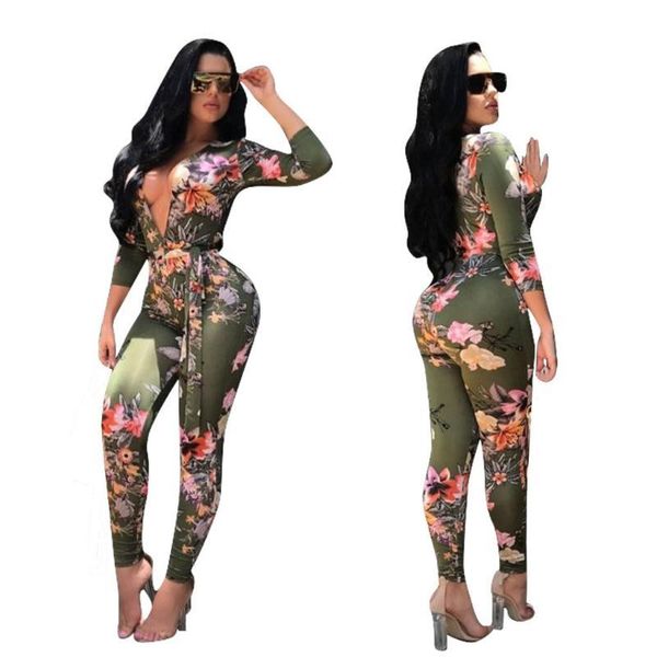 

printed romper deep v-neck nightclub clothing fashion female full length apparel women summer floral, Black;white