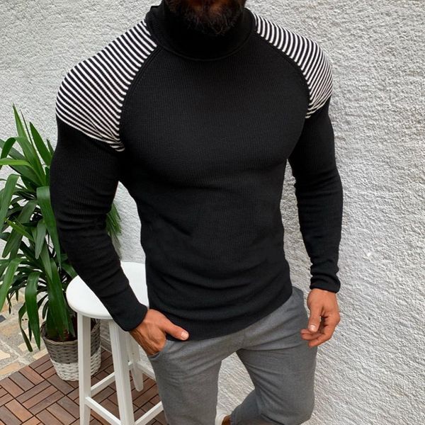 

men fashion autumn winter warm turtleneck sweaters 2019 new men spliced stripped long sleeve slim fit casual knitted pullovers, White;black