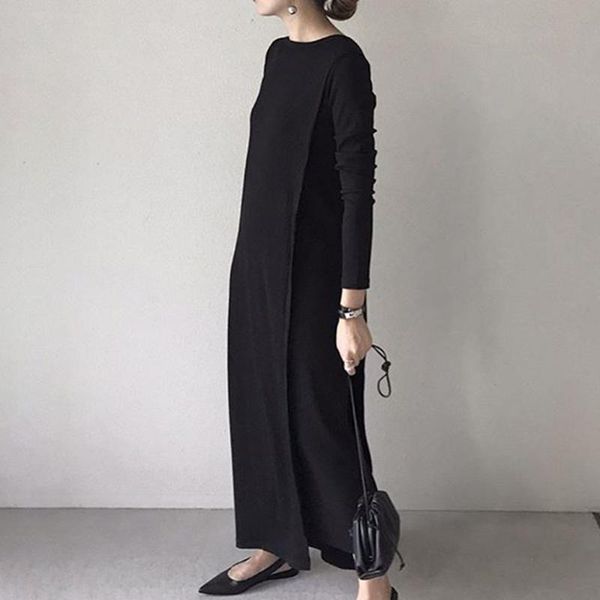 

women long dress 2019 fall korean style long sleeve black basic pullover dresses causal maxi robe office ladies loose vestidos, Black;gray
