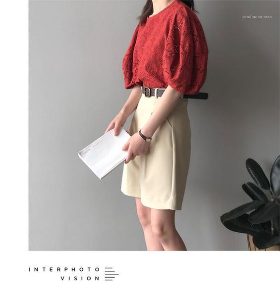 

solid color round neck doll shirt loose famale womens literary puff sleeve shirt fashion, White
