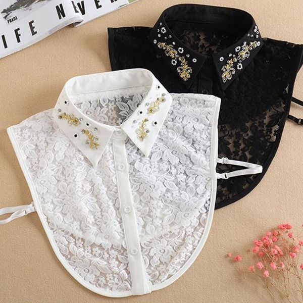

embroidered pearl flowers lace collar shirt fake collar tie vintage detachable false lapel blouse top, Black;blue