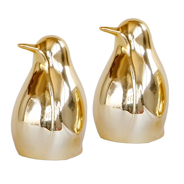 

2pcs golden ceramic penguin figurine - handmade art penguin sculpture animal statue collectable desk decorations ornament - l
