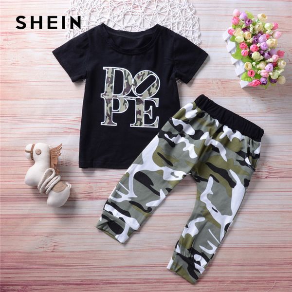 

шеин малыш мальчики письмо печати тройник с камуфляж брюки из двух частей набор 2019 весна мода с коротким рукавом повседневная детская одеж, White