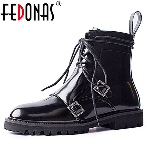 

fedonas punk female new buckle motorcycle boots party night club shoes woman new genuine leather short boots women ankle, Black