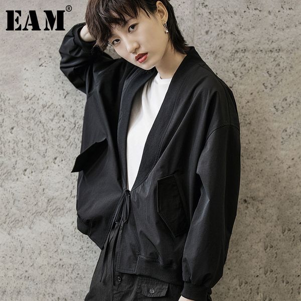 

eam] loose fit drawstring big size shorts jacket new v-neck long sleeve women coat fashion tide autumn winter 2019 1a113, Black;brown