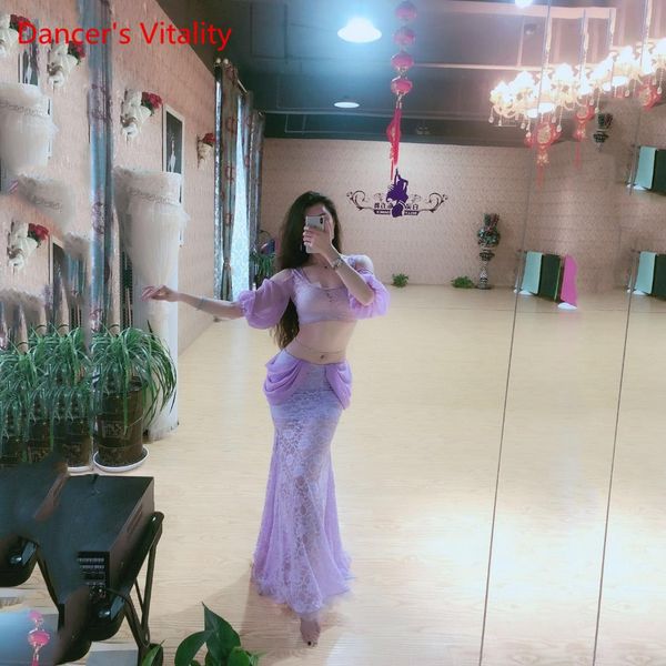

summer 2 piece women lace practice clothes middle sleeve long lace skirt dancer performance show wear blue purple m l, Black;red