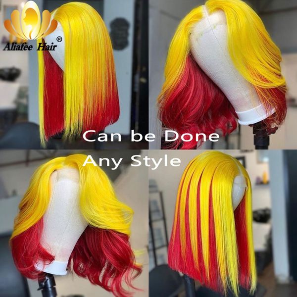 

yello red ombre color blonde bob wig 13x4 lace front human hair wigs remy hair straight frontal wigs 150% density with baby, Black;brown