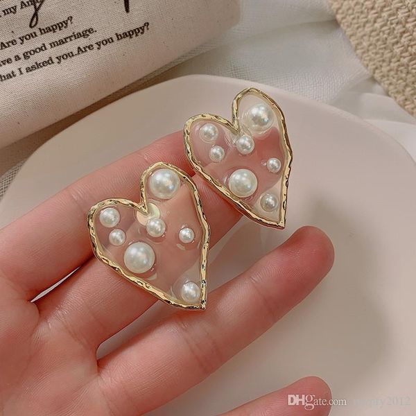 

new fashion gold color love heart shape stud earrings for women trendy resin pearl statement earring wedding jewelry gifts lx, Golden;silver