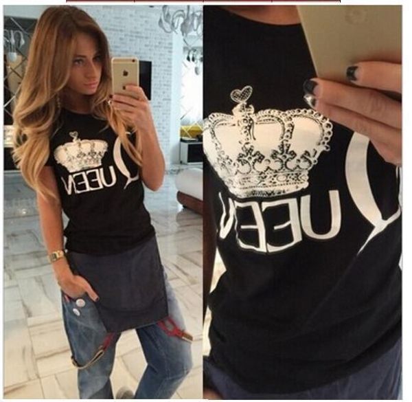 

2016 women's summer style o-neck tee shirt harajuku leter queen crown printed t shirt cotton, White