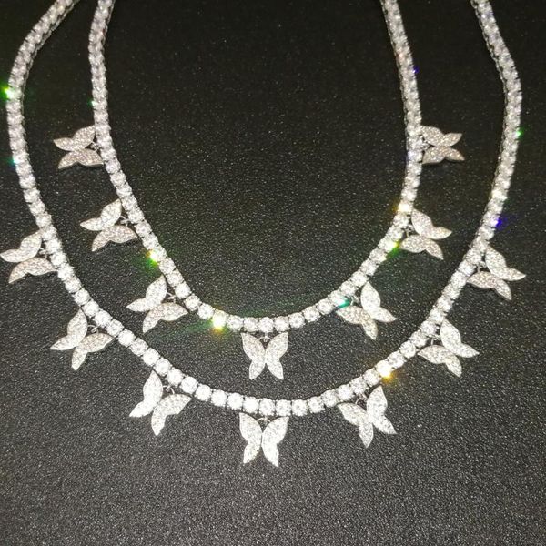 

hip hop bling out 1 row cubic zirconia tennis chain necklaces 7pcs butterflys pendants for men women rapper jewelry, Silver