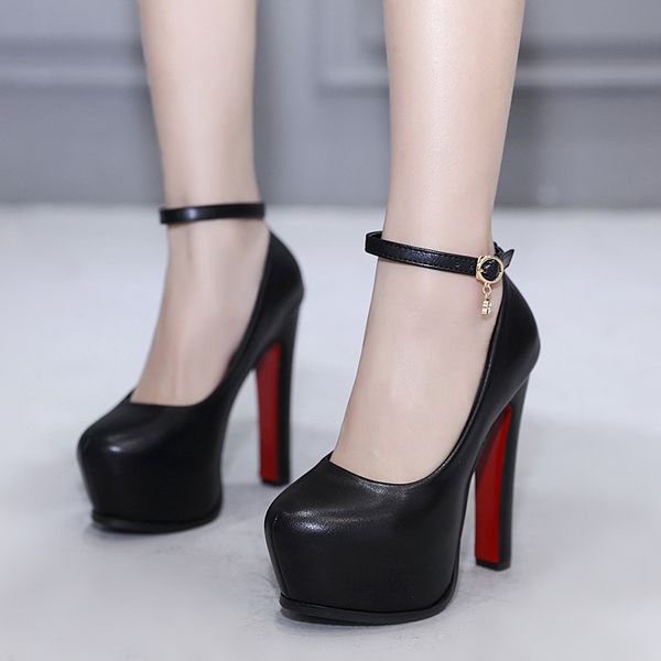 

14 cm heel women black pu leather pumps red sole platform round toe high heeled shoes office ladies bridals wedding shoe