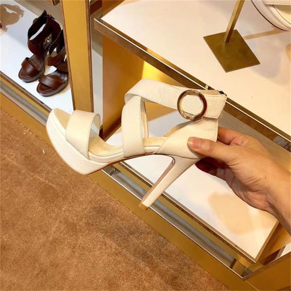 

classic sandals female style summer 2020 shoes opentoe sandals metal button leather high-heeled female style shoes .5 cm lar, Black