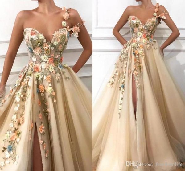 

gorgeous champagne plus size a line prom dresses long one shoulder ruched front slit tulle handmade flowers formal party evening gowns, Black