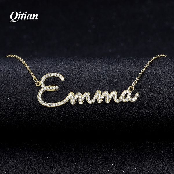 

qitian any name necklace stone chain iced out zirconia necklaces personalized custom necklace fashion jewelry new arrival 2019, Silver