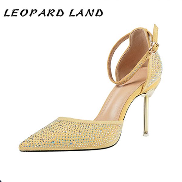 

leopard land9cm 2020 pointed rhinestone high heels nightclub side hollow word with sandals party stiletto women's shoes lsj, Black