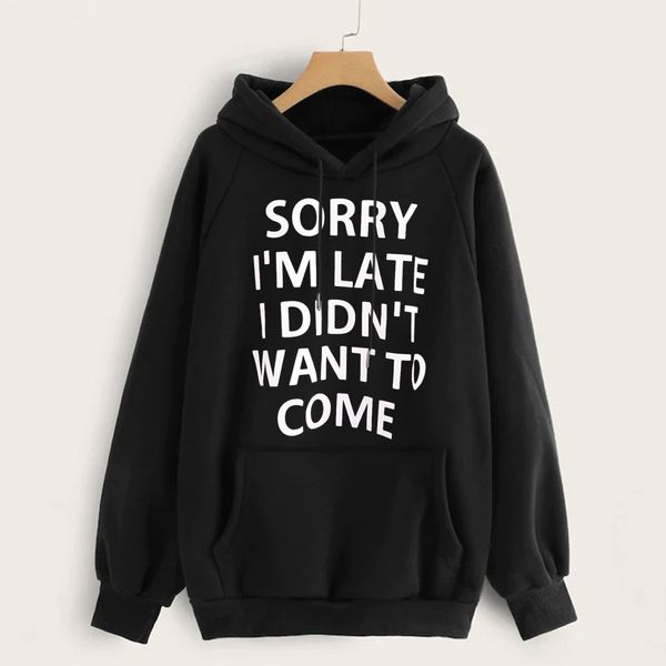 

women hoodies oversized sweatshirt jumper autumn winter long sleeve letter print pocket sweatshirt loose pullover casual, Black