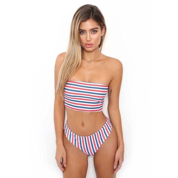 

new women high waist strapless padded bra swimsuit two-piece swimming suits bikini classic striped beachwear