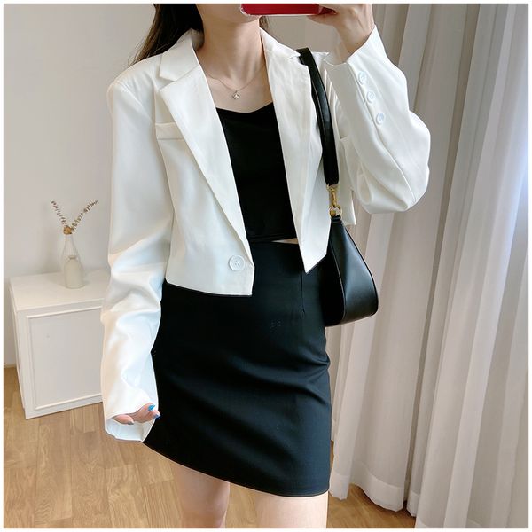 

fashion shoulder pad suit jacket womens spring new one button long sleeve suit jacket short notched coats office lady x052, White;black