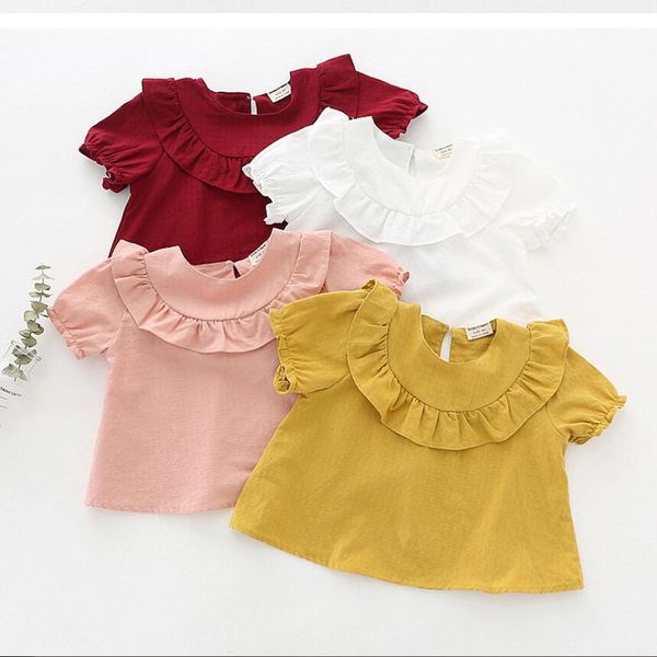 Baby Designer Roupas Crianças Meninas Camisa Verão Sólido Ruffle Manga Curta Camisas Infantil Algodão Princesa Blusa Criança Boutique Roupas Zyq360