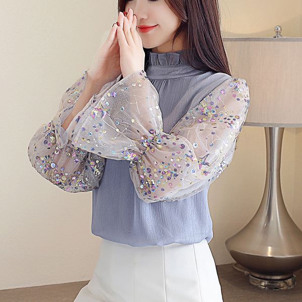 

2019 spring new arrival korean style chiffon blouse with sequined flare sleeve blusas de gasa stand collar ing, White