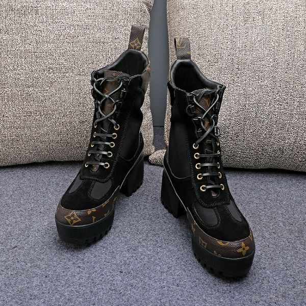 

european station winter new short boots custom heel high heel martin boots genuine waterproof leisure thick bottom motorcycle boots women, Black