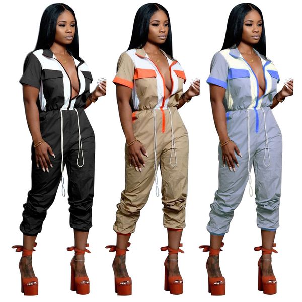 

женщины комбинезон высокой талией отложным v шеи заплатки лета с коротким рукавом rompers повседневный элегантный комбинезоны streetwear, Black;white