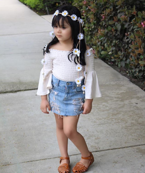 

2020 new princess girl 2pcs infant baby girls summer clothes sets flare long sleeve off shoulder +denim mini skirts, White