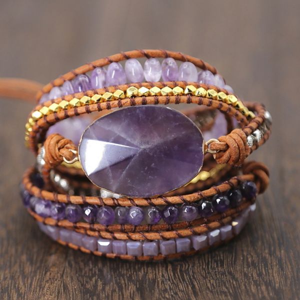 

diezi drop shipping bohemian natural purple crystal stone bracelet leather wrap beads bracelet for women men weave bangles, Golden;silver