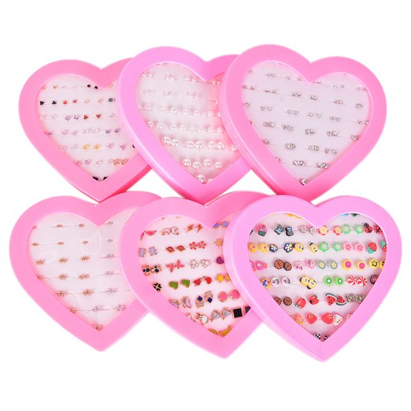

36pairs/set mix mini handmade flower clay earring stud sets fruit earring set for child with heart box earrings jewelry, Golden;silver