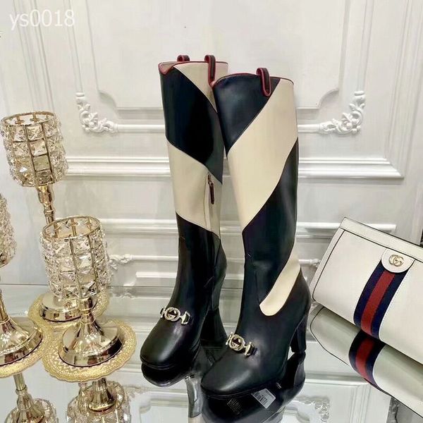 

atmospheric autumn and winter europe and america knee-high custom boots high-heeled square head color matching leather knight boots, Black