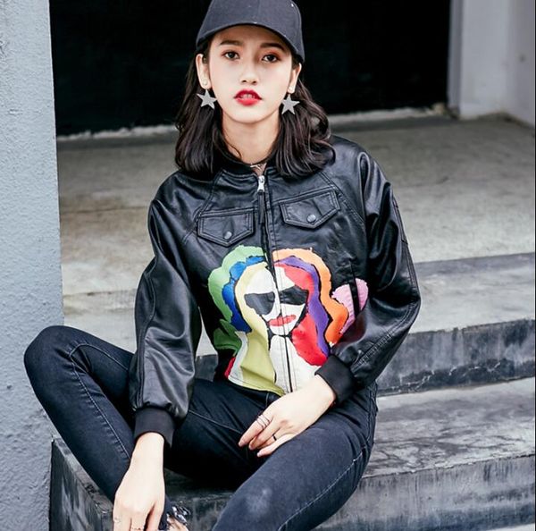 

2019 fashion bat sleeve leather jacket large print loose slim leather jacket female washed pu, Black